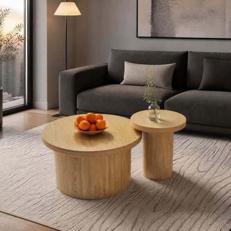 Tavolino basso doppio rotondo con doghe in legno naturale, MDF, colore naturale DESVIAE (1/5)