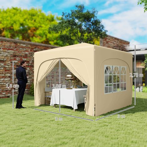 Pavillon 3x3m, déperlant, robuste, pliable et résistant à l'hiver, protection UV 50+, tente de réception pliable, tente de jardin avec 4 panneaux latéraux, sac de rangement, pavillon de jardin pour le