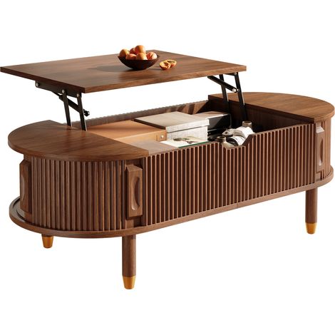 Mesa de centro ovalada (110x48x57 cm), tablero elevable hidráulico con almacenaje, puertas correderas acanaladas, MDF color nogal (1/5)