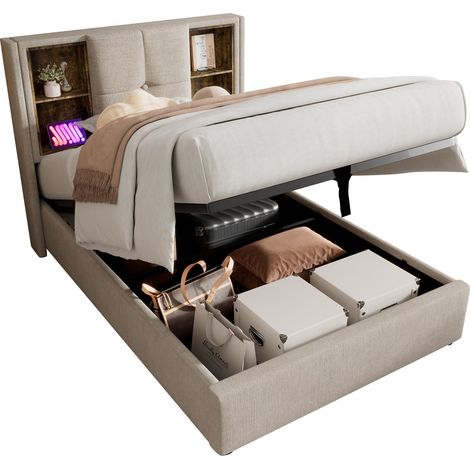 Lit coffre en lin naturel 90x200 cm avec tête de lit, chargeur sans fil + USB/Type-C, sommier à lattes inclus (1/5)