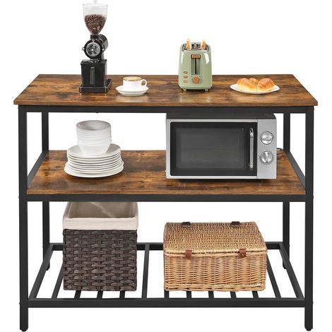 Vasagle – Îlot de cuisine 120 x 60 x 90 cm – Étagère à 3 niveaux en acier noir – Capacité 30 kg/niveau – Montage facile – Style industriel