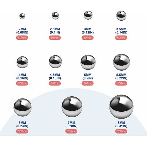 510 pièces Bille de roulement en acier chromé de précision solide Kit d'assortiment Combinaison 2 mm-8 mm Utilisé en vélo (1/4)