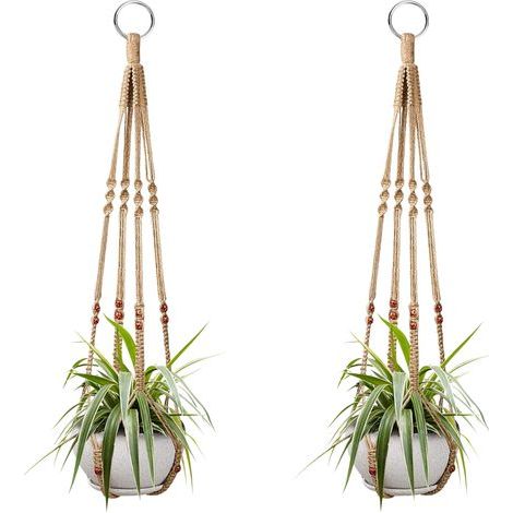 Deux paniers suspendus pour plantes d'intérieur, en corde de coton et de lin, de 98 cm chacun, ornés de perles en bois. Crochets non inclus. (1/5)