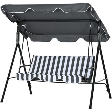 Outsuuny Hollywoodschaukel mit Sitzpolster, 3-Sitzer Gartenschaukel mit verstellbarem Sonnendach, Schaukelbank belast bis 240 kg, für Garten, Terrasse, 172 x 110 x 153 cm, Grau+Weiß Aosom