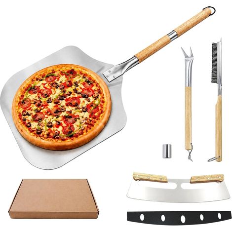 Pizza Schieber Set 4tlg, Pizzaschaufel+Pizzaschneider+Bürste+Fourchette Poignée Amovible, Kit à Pizza pour Débutants (1/5)