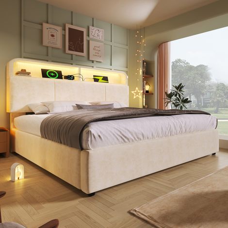 Lit 160x200cm - Rangement Hydraulique - LED 16 Couleurs - Ports USB et Type-C - Tête de Lit Réglable avec Étagère - Tissu Velours Beige - Capacité 300kg (1/5)