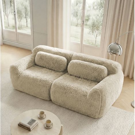 Divano 2 posti in tessuto plush kaki chiaro, design modulare senza struttura, con cuscini (1/5)