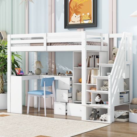 Cama Alta 90 x 200 cm, Cama Individual con Escritorio, Escalera con Almacenaje, Cajones y Estantes, sin Colchón