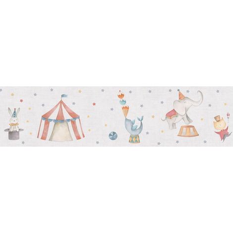Papel pintado infantil Profhome 771491 cenefa liso con dibujo de animales mate gris rojo naranja azul 5 m