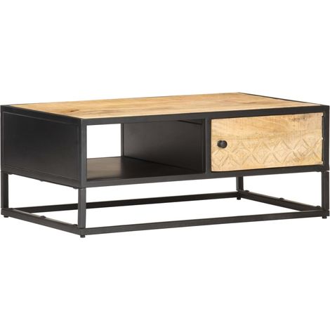 Couchtisch mit Geschnitzter Tür 90x55x36 cm Raues Mangoholz