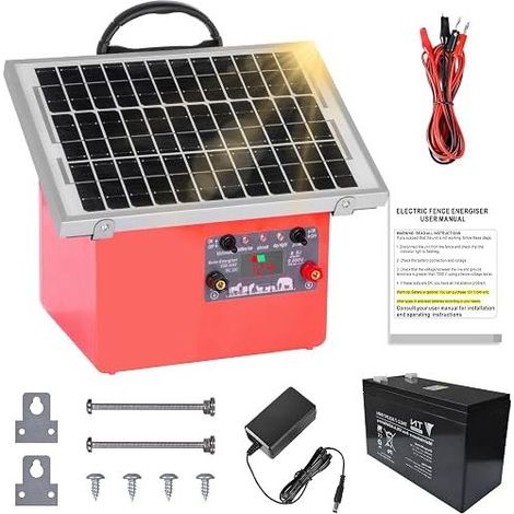 Solar electric fence, 9.5 kV Electric Shepherd Controller for horses, 0.5 J Electric fence for livestock farming, for farm, pasture, garden Red (1/4)