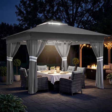 Pavillon de jardin à hauteur réglable avec éclairage LED, acier et toile Oxford, 336 x 336 x 250–270 cm, gris (1/5)