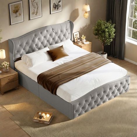 Bett mit Stauraum 140x200 cm - TANANT - Dekorative Kopfteil - Veloursstoff - Stauraumtruhe - Grau