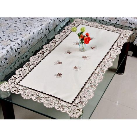 Tischdecke weiß bestickt mit Spitze und floralem Muster, 57x117 cm