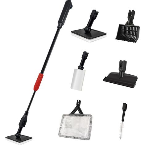 Ensemble d'outils de nettoyage d'aquarium 6 en 1 - Kit de nettoyage extensible pour aquarium avec filet, brosse éponge, grattoir à algues, râteau à gravier, brosse à tube - Plastique (1/5)