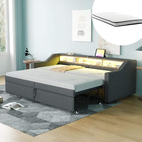 Letto imbottito estensibile 90/180 x 200 cm grigio scuro con contenitore, LED, USB e rete a doghe (1/5)