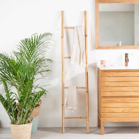 Wanda Collection – Porte-serviette échelle en bambou naturel – 4 niveaux – Longueur 37 cm – Hauteur 170 cm – Rangement esthétique pour salle de bain