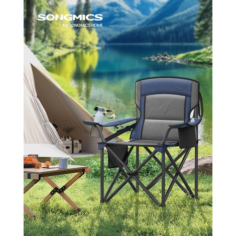 Chaise Pliante Camping, Siège Large Rembourée, Confortable, avec Soutien Lombaire et Compartiment Isotherme, Supporter Jusqu'à 205 kg, Bleu Baie (1/5)