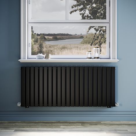 ELEGANT Black Designer Radiator 1428 x 600 mm Flat Double Panel Horizontal Central Heating Radiator