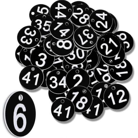 Schwarze, nummerierte Etiketten 1-50, nummerierte Plastikchips, nummerierte Tischnummern aus Kunststoff (1/5)