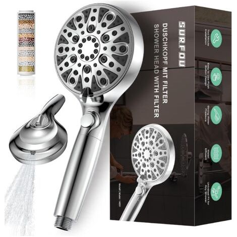 Shower Head with Filter, 8+2 Water Saving Spray Patterns, High Pressure Shower Head, Anti-Limescale Shower Head, Adjustable Filter Shower Head (1/5)