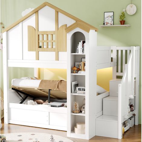 Lit superposé 90x200 avec rangement, pin blanc HAVRYA (1/5)
