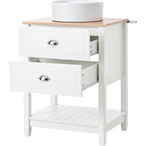 Mueble de baño con lavabo cerámico redondo, 2 cajones y estante, blanco y madera HOMVRA (1/5)