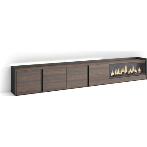 Mueble TV Almáchar-02 de 315x50x35 cm con chimenea y luces LED, color roble oscuro y negro (1/4)