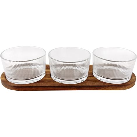 Bols à trempette ronds en verre SUR base en bois d'acacia et verre, 4 pièces.