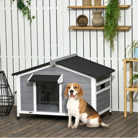 Caseta de madera para perro 109 x 79 x 72 cm, techo abatible, base extraíble, gris DESVIAE (1/5)