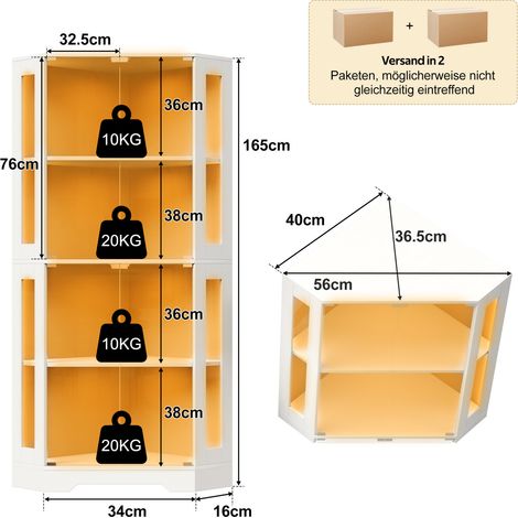 MEUBLIV Hochschrank Vitrine 40x40x165 cm Weiß – LED, Steckdose, Stauraum (1/5)