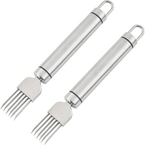 Affettatrice/grattugia per cipollotti con lame in acciaio inox, colore argento, set da 2 pezzi. Per cucine domestiche e professionali. (1/5)