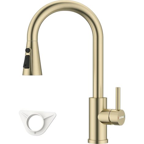DAYONE Gold Kitchen Sink Tap Mixer with Pull Out Sprayer, SUS304 Stainless Steel Kitchen Sink Taps, 360°Swivel High Arc 3 Functions Spray Brush Gold Kitchen Faucet (1/5)