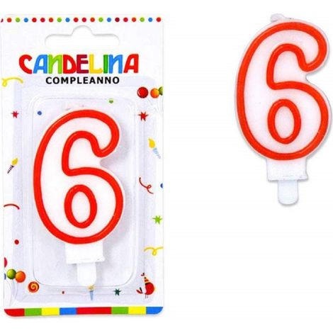 TrAdE Shop Traesio - Candelina Candela Numero 6 Compleanno Bianca Bordo Rosso Candeline Torta Party -