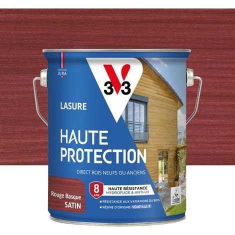 Lasure Bois extérieur Rouge basque satin - Protection 8 ans - résistance hydrofuge et anti-UV - Résiste aux variations du bois - résine d'origine végétale - 2,5L (1/4)