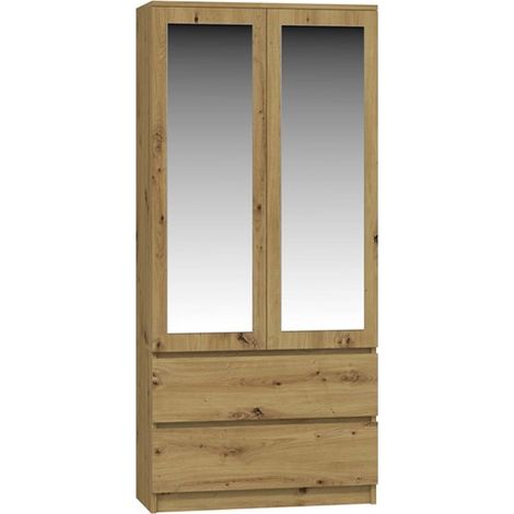 TURIN - Armario 2 puertas con espejo estilo dormitorio moderno - 90x50x180 - 2 cajones - Roble (1/4)