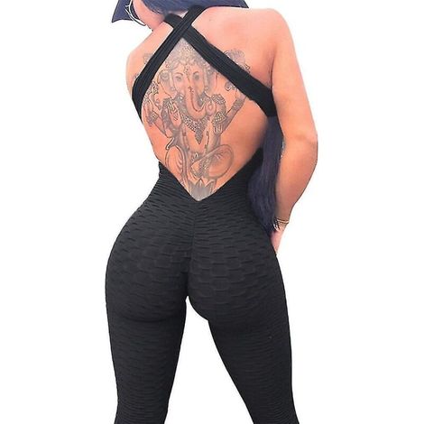 Yoga-Jumpsuit für Damen, Push-up-Effekt mit gekreuzten Trägern am Rücken, hoher Bund, formend und figurformend, Größen S bis XXL, schwarz. (1/4)