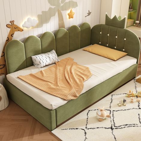 Cama daybed moderna de terciopelo verde 90x200 cm con cama nido 90x190 cm, cabecero corona y somier de láminas