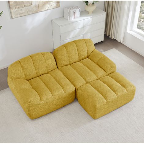 Canapé modulaire d'angle jaune en polaire granulée avec ottomane, sans montage (1/5)