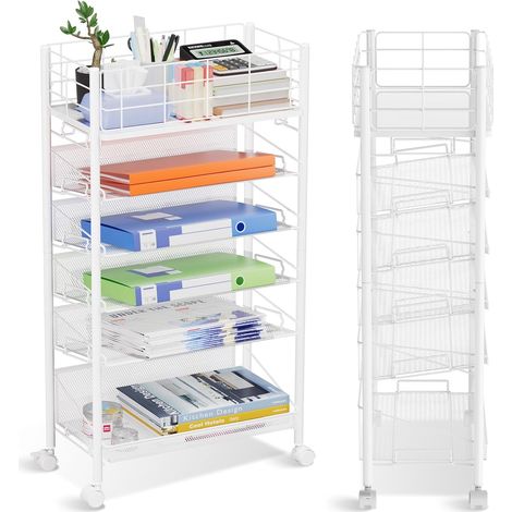 Chariot de Rangement à roulettes pour Livre et Magazines, Mobile 6 Miveaux Métallique Stockage Cart Gain de Place pour Bureau étude Bibliothèque école (Blanc) (1/5)