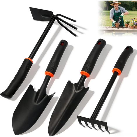 Lot de 4 pelles de jardin noires larges et étroites - Ensemble d'outils de jardinage pour l'entretien du jardin en acier - Petit outil de jardin - Râteau à cinq dents - Pour désherber les plantes (1/5)