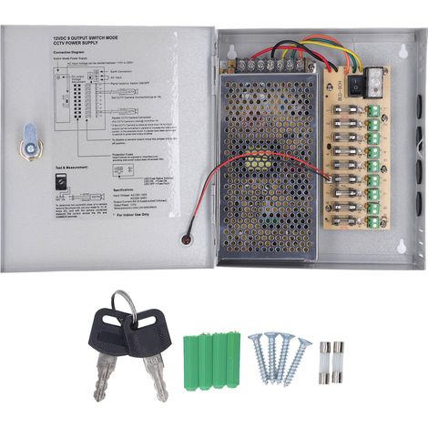 Boîtier d'alimentation 9 canaux 12V 10A sortie 110V 220V entrée avec verrou pour caméra CCTV (1/5)