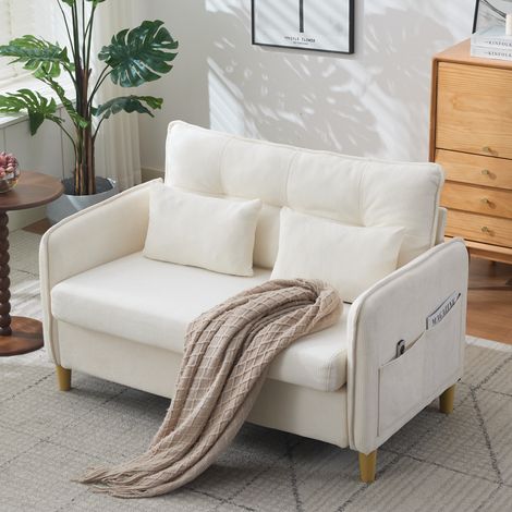 Canapé droit 2 places 127x75,5x83 cm avec assise profonde 57 cm, accoudoirs, poches latérales, coussins moelleux, tissu chenille, Beige (1/5)