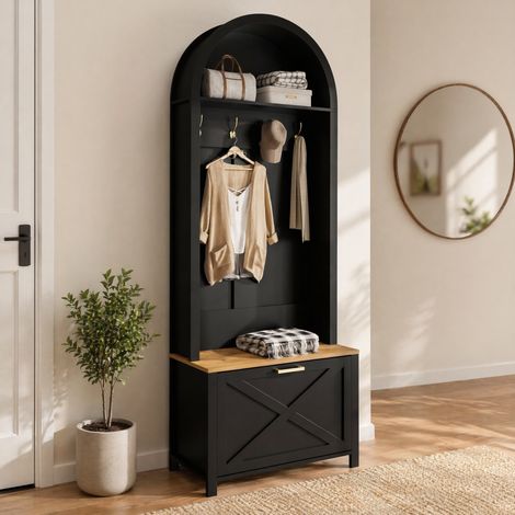 DESMIU Vestiaire d'entrée avec patères, étagère et meuble à chaussures, rangement de couloir, en MDF noir et bois (1/5)