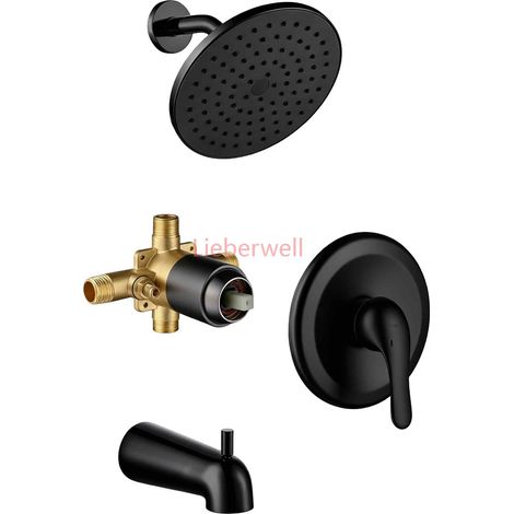 Système de douche chaud et froid mural M Boenn avec mitigeur, robinets de salle de bain et pomme de douche noire de 8 pouces avec bec verseur (1/4)