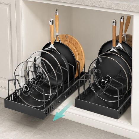 Frying Pan and Saucepan Storage for Kitchen Drawer, Pan Organizer with 8 Adjustable Compartments, Sliding Pot Holder, Lid Storage (2 Pieces, Black) (1/5)