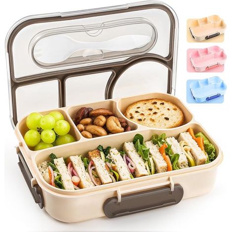 Portapranzo, Portapranzo per adulti, Portapranzo per bambini, Bento box, Portapranzo con 4 scomparti, Antiurto, Lavabile in lavastoviglie e realizzato in materiale senza BPA, Marrone (1/5)