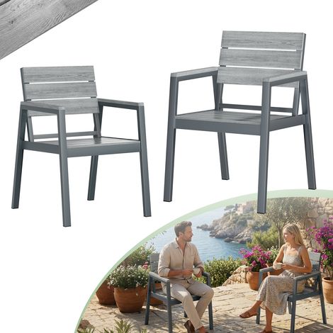 Chaises de Jardin Lot de 2, HDPS Chaises d'Extérieur en Aluminium Résistantes Imperméables avec Finition à Veine de Bois, Assise de Taille Améliorée Supportant 160 kg Faciles à Nettoyer,Gris