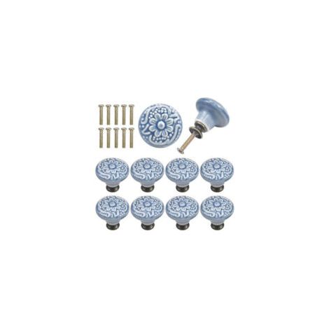 10 pomos de cerámica para cajones, tiradores redondos para puertas de muebles, grabado vintage con tornillos, color azul - Crezuo
