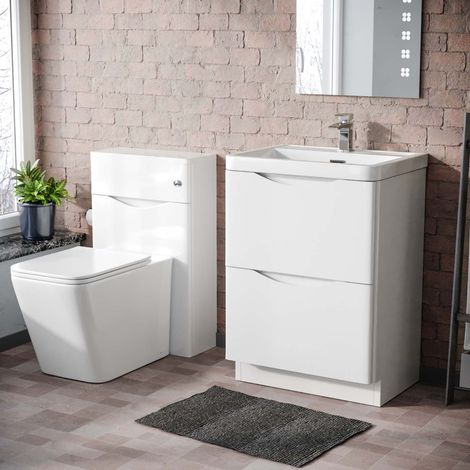 Merton 600 Freestanding White Vanity Cabinet, WC & Rimless Square BTW Toilet Set (1/5)